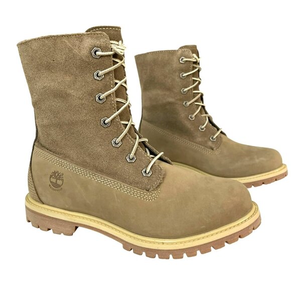 New Timberland Waterproof Taupe Suede Fold Down Teddy Fleece Boots Size 7 - Picture 1 of 10